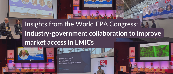 Collage of conference panels and presentation screens at the World EPA Congress 2026, with overlaid text reading “Industry-government collaboration to improve market access in LMICs.”