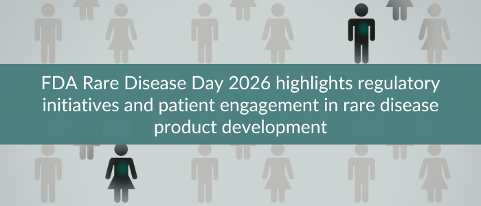 Gray patient figure icons with two highlighted individuals behind a banner reading “FDA Rare Disease Day 2026 highlights.”