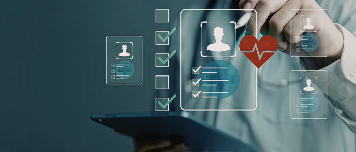 Doctor using a tablet with digital patient profile icons, checklists, and a red heart with ECG line overlay.
