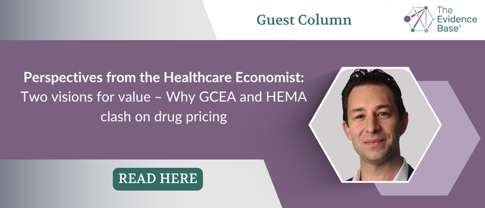 Healthcare economist headshot with article on GCEA vs HEMA drug pricing and read more button