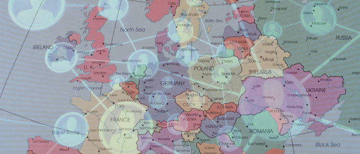 Map of Europe overlaid with translucent user icons and network connections