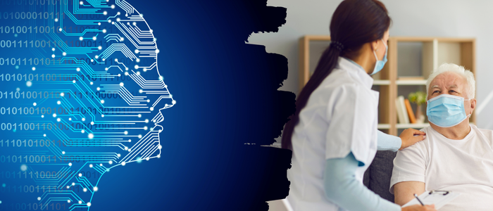 Digital circuit head on left beside masked healthcare worker comforting elderly patient.