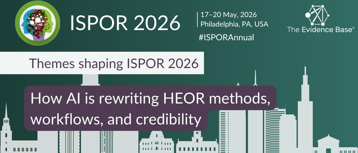 Graphic announcing ISPOR 2026 with event dates, location, and theme about artificial intelligence, set against a city skyline.