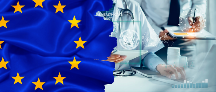 EU flag on the right. On the left, two healthcare professionals in white coats use digital devices, with futuristic data and analytics graphics overlaying the image. To represent that OM1 expands into Europe to enhance AI-driven real-world evidence solutions.