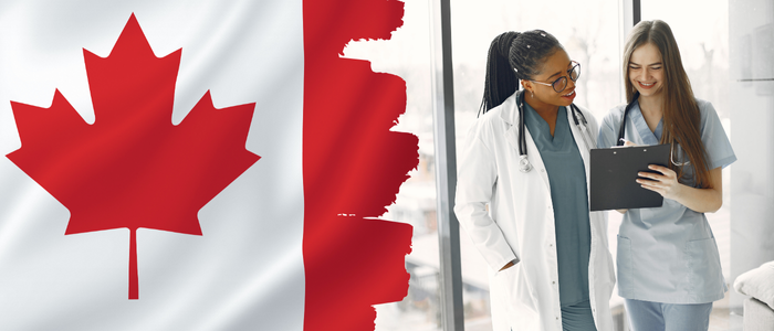 On the left is a Canadian flag, on the right two female healthcare workers review a clipboard.