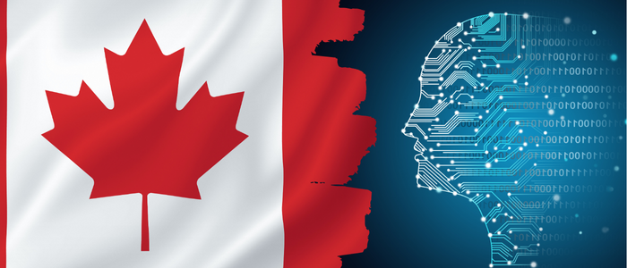 Canadian flag beside digital human head made of circuits and binary code.