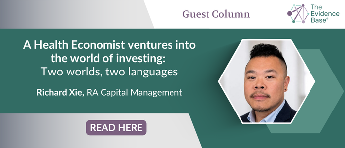 A purple and gray guest column cover featuring a man in a suit within overlapping hexagons. The headline reads “A Health Economist ventures into the world of investing: Two worlds, two languages.” It includes the Evidence Base logo, “Guest Column,” the byline “Richard Xie, RA Capital Management,” and a “READ HERE” call to action.