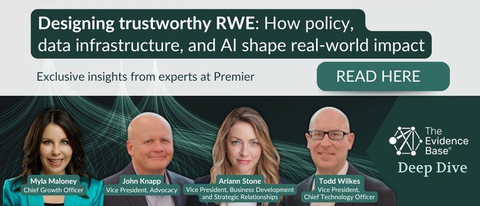 Promotional banner for a The Evidence Base Deep Dive on designing trustworthy real-world evidence (RWE), featuring four Premier experts with a 