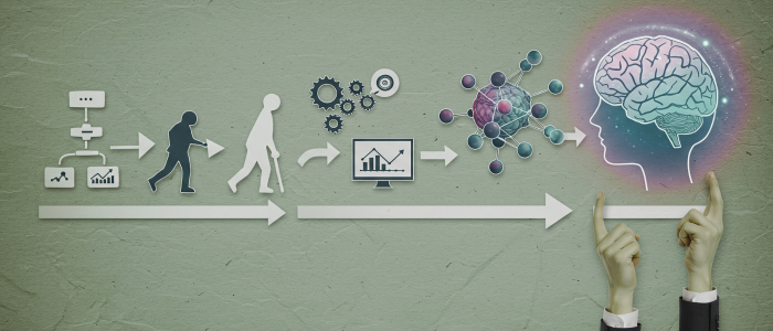 Illustrated timeline shows data flow from patient monitoring to AI-driven brain insights, going from silhouettes to charts, gears, molecules, and a brain along an arrowed path.
