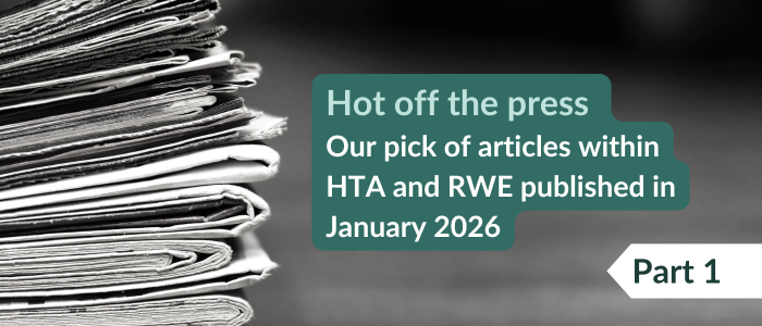 Stack of newspapers on the left with a green text box announcing article picks in HTA and RWE published in January 2026, labelled Part 1.