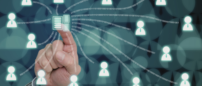 Hand selects digital data icon connected to user icons by binary code streams. To represent that OMNY Health expands real-world data access through Datavant Connect and AWS Clean Rooms integration.
