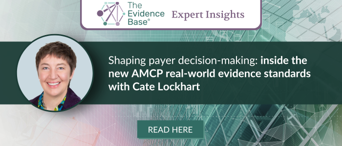 Alt Text Guru said:  Headshot of Cate Lockhart next to text about AMCP real-world evidence standards on a digital background.
