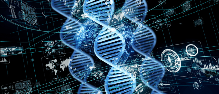 Digital DNA helix overlaid with futuristic data and technology graphics representing genetic research and analysis.