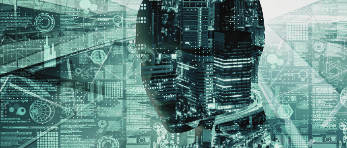 Silhouette of human head overlaid with cityscape and digital data graphics.