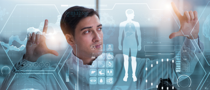 A man interacts with a futuristic holographic interface featuring health data, human anatomy, and various medical icons. To represent that Helix and Komodo Health to advance clinico-genomic research with AI and RWD insights.