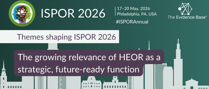 Graphic announcing ISPOR 2026 with event dates, location, and theme about the relevance of HEOR, set against a city skyline.