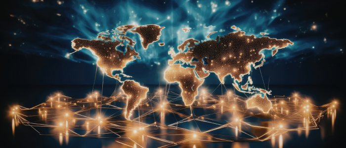 Glowing world map with connected nodes and network lines visualizing global health data exchange.