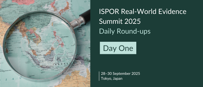 Magnifying glass highlighting the Asia Pacific region on a world map, alongside a banner that reads: “ISPOR Real-World Evidence Summit 2025 – Daily Round-ups – Day One – 28–30 September 2025, Tokyo, Japan.”
