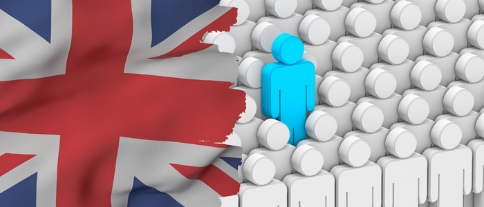 UK flag beside rows of white figures with one blue figure standing out among them.