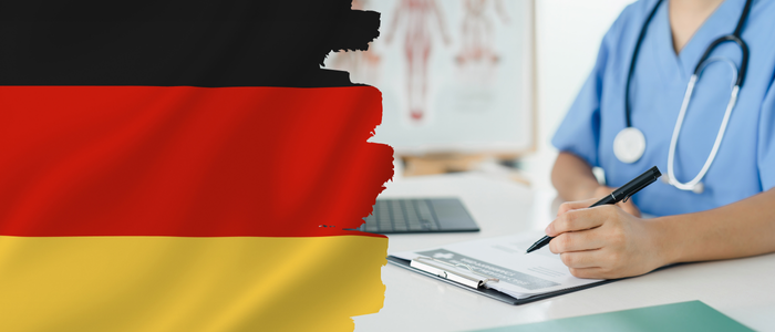German flag overlays a doctor writing notes at a desk.