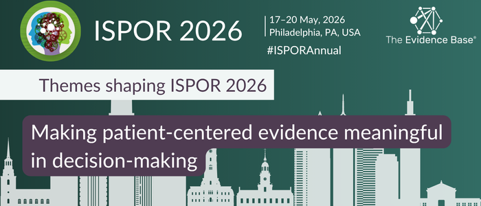Graphic announcing ISPOR 2026 with event dates, location, and theme about patient centricity, set against a city skyline.