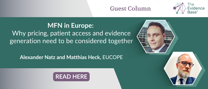 MFN in Europe: Why pricing, patient access and evidence generation need to be considered together.” The page features the Evidence Base logo, a “READ HERE” call to action, purple and gray hexagonal graphics, and headshots of authors Alexander Natz and Matthias Heck from EUCOPE