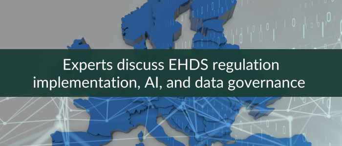 Blue 3D map of Europe with digital network lines and binary code in the background. A dark green banner overlays the image with white text reading, 