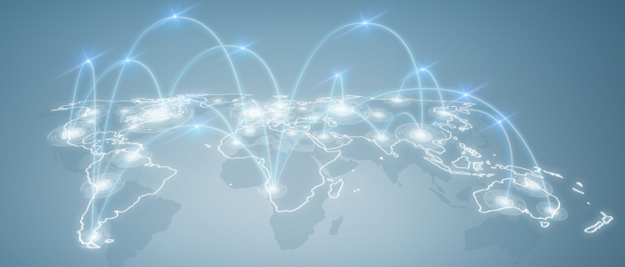 Glowing world map with bright connection arcs linking continents, illustrating global health data and international collaboration.