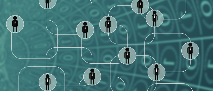 Network of connected human icons over abstract digital background.