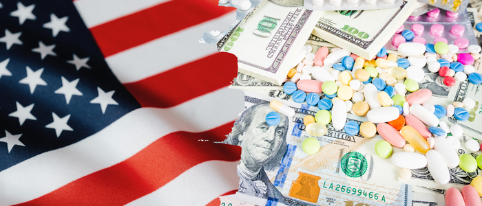 US flag appears beside scattered pills and dollar bills.
