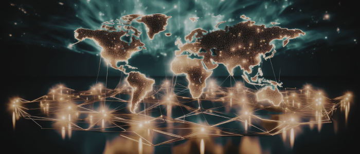 Glowing world map with connected nodes and network lines forming a global data grid beneath the continents.