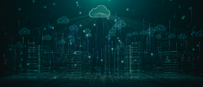 Digital cloud icons connect above a glowing cityscape, symbolizing cloud data integration.