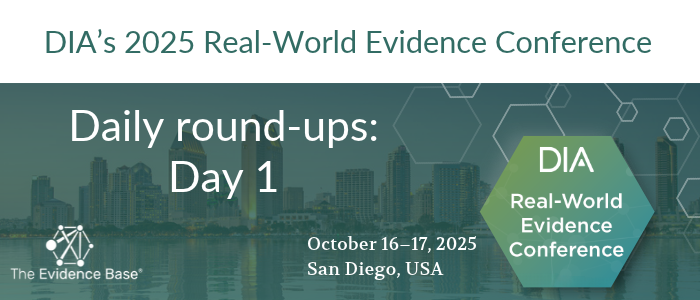 DIA 2025 Real-World Evidence Conference banner with San Diego skyline and text reading “Daily round-ups: Day 1.”
