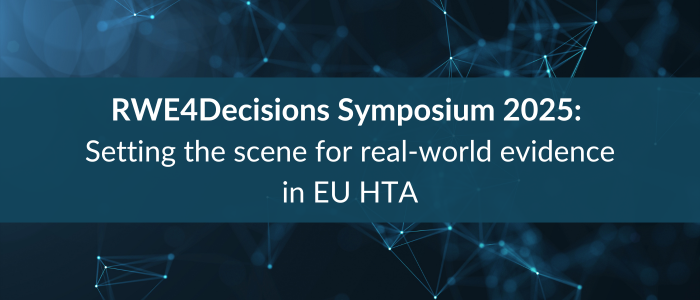 Banner reading “RWE4Decisions Symposium 2025: Setting the scene for real-world evidence in EU HTA” on a blue network background.