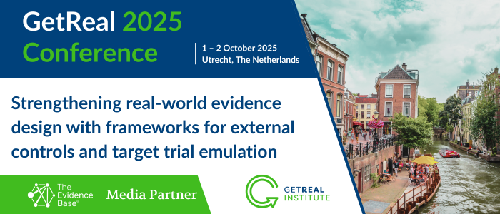 GetReal 2025 Conference banner with canal scene in Utrecht, Netherlands. Text reads ‘Strengthening real-world evidence design with frameworks for external controls and target trial emulation.