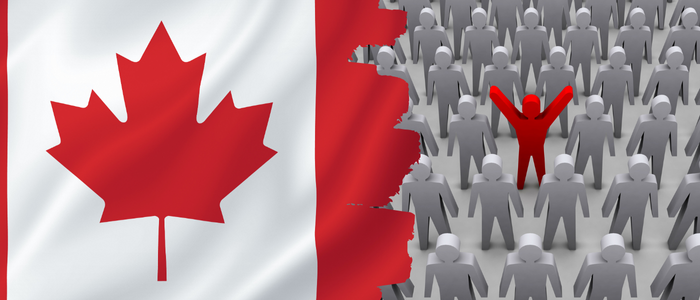 Canadian flag beside crowd of grey figures with one red figure in the centre raising their arms.