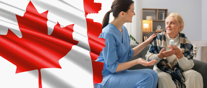 Canadian flag beside a nurse talking with an elderly woman holding a medicine bottle in a living room setting.