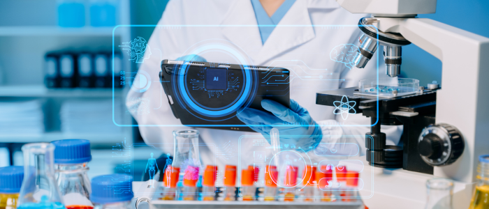 Scientist holds an AI-enabled handheld device beside a microscope and laboratory test tubes with digital interface overlays.