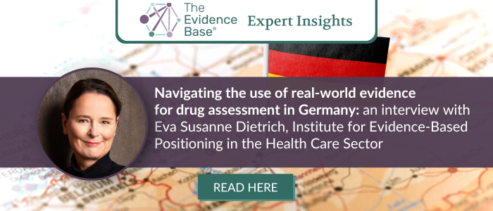 Portrait of Eva Susanne Dietrich next to a German flag and map, with headline text promoting an interview about using real-world evidence for drug assessment in Germany, published by The Evidence Base.