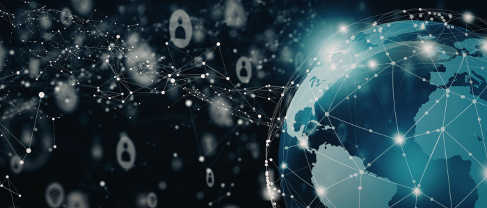 Digital globe with connected network lines and nodes, with floating lock icons symbolizing secure data connections.