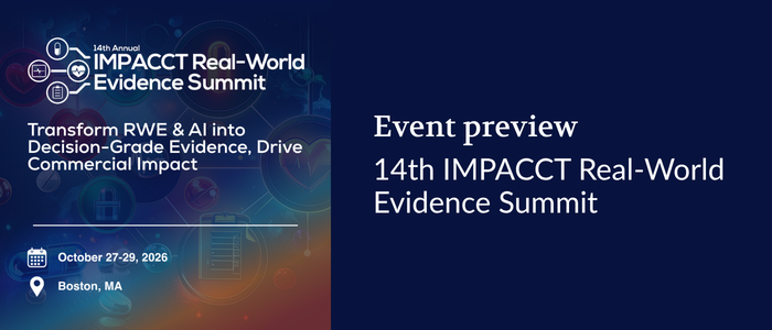 Minimalist event preview cover for the “14th IMPACCT Real-World Evidence Summit,” featuring IMPACCT branding and the message “impact rw & ai into decision grade evidence drive commercial impact.”