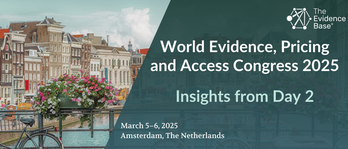 Promotional banner for the World Evidence, Pricing, and Access Congress 2025. The background features a scenic canal in Amsterdam with traditional Dutch buildings, a bridge, and blooming flowers. A dark green overlay on the right contains white text stating the event title, 'World Evidence, Pricing and Access Congress 2025,' along with 'Insights from Day 2,' the event dates (March 5-6, 2025), and location (Amsterdam, The Netherlands). The Evidence Base logo is in the top right corner.