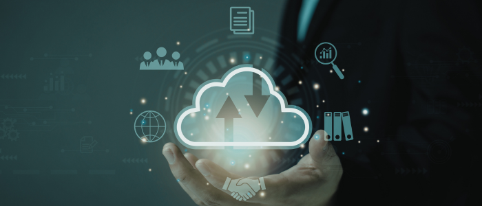 A glowing cloud graphic with data arrows hovering above open hands, framed by icons for teamwork, files, and analytics.