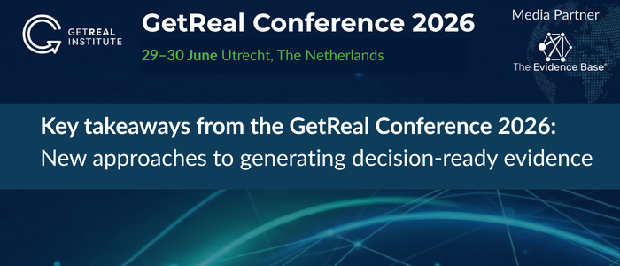Banner for the GetReal Conference 2026 with event details and headline reading “Key takeaways: New approaches to generating decision-ready evidence.”