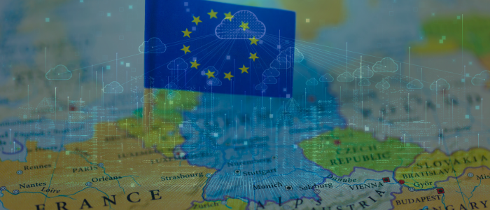 EU flag with cloud network overlay on a map of Europe.