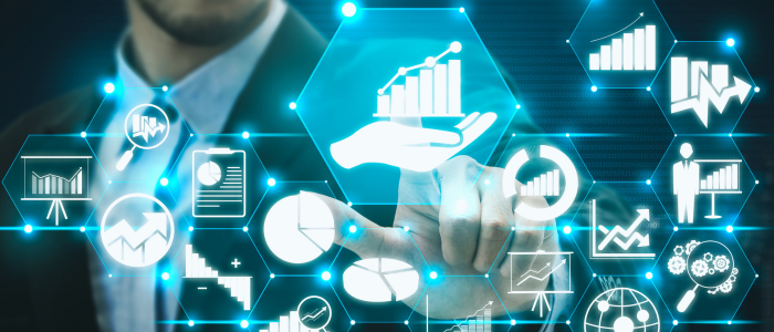 Business professional interacting with virtual data icons, symbolizing analytics and insights, representing Merck's collaboration with Atropos Health for real-world evidence generation