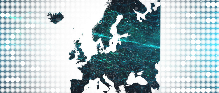 Digital map of Europe in dark teal with glowing network connections, set against a dotted light background, representing data and connectivity across European countries