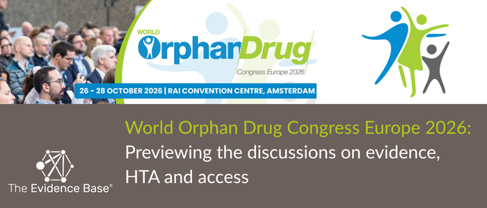 Promotional banner showing an audience seated at an event, with the headline ‘World Orphan Drug Congress Europe 2026: Previewing the discussions on evidence, HTA and access,’ plus Evidence Base and Family and Child Center logos