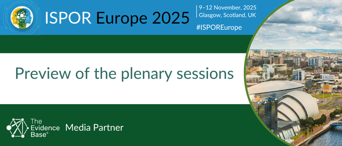 Banner image for ISPOR Europe 2025 in Glasgow featuring event details, The Evidence Base media partner logo, and city skyline