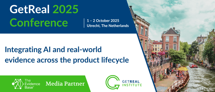 GetReal 2025 Conference banner with Utrecht canal scene. Text reads ‘Integrating AI and real-world evidence across the product lifecycle.’